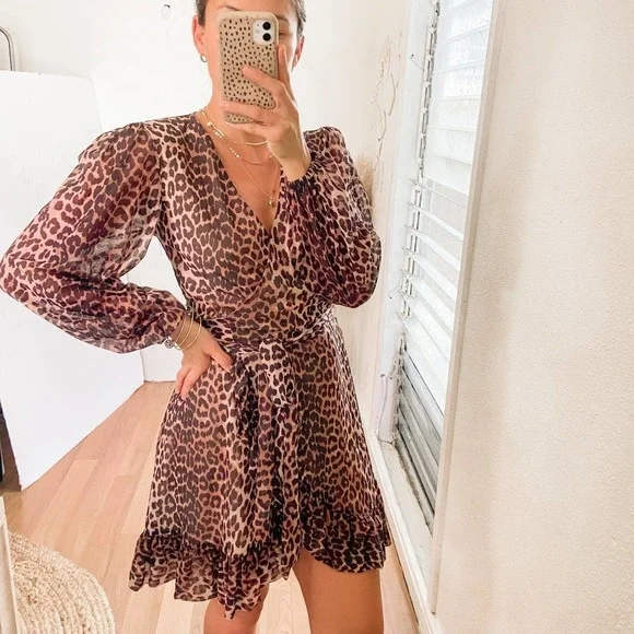 Ganni Animal Print Mesh Mini Wrap Dress Size Small 36 - Picture 4 of 15